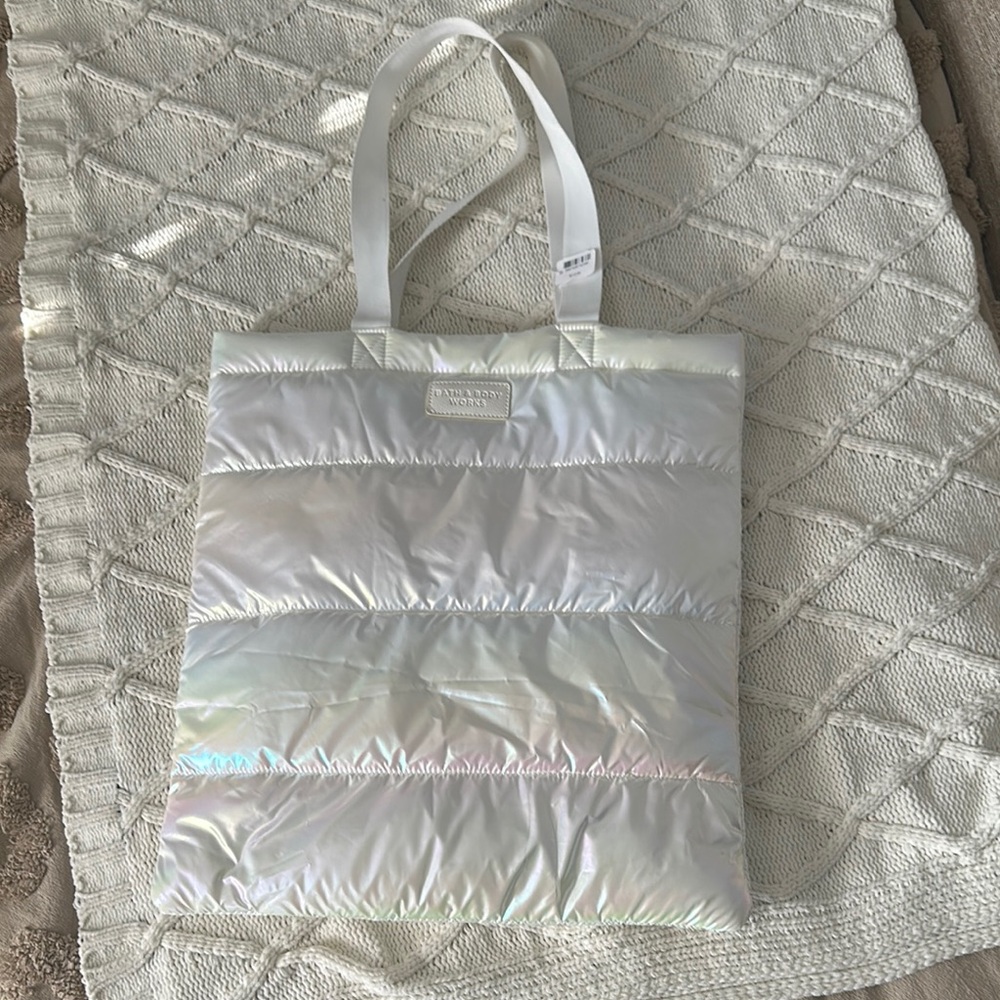 Bath & Body Works Silver Tote Bag with Quilted Design and Soft Texture